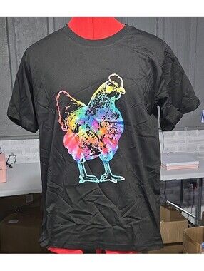 Unisex Black Rainbow Chicken Graphic Print Crew Neck Short Sleeve T-Shirt M